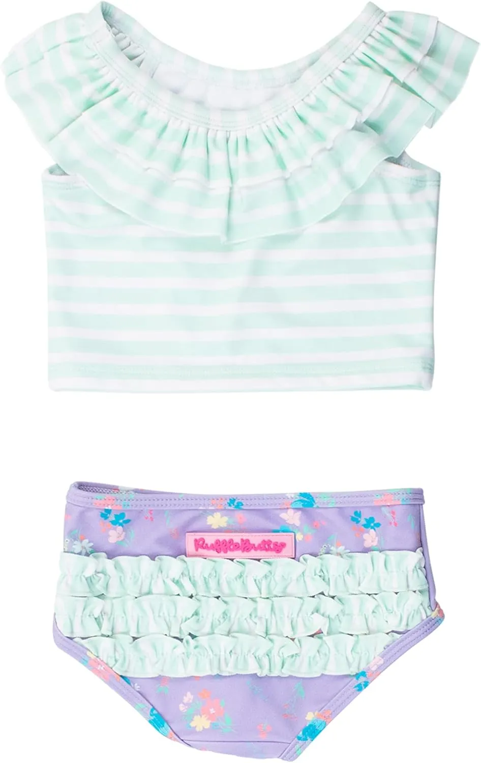 RuffleButts Girls UPF50  Sun Protection One Shoulder Ruffle Tankini Two Piece Swimsuit