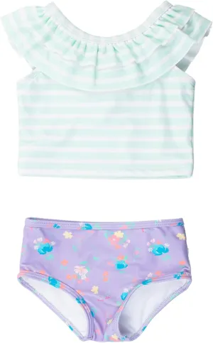 RuffleButts Girls UPF50  Sun Protection One Shoulder Ruffle Tankini Two Piece Swimsuit