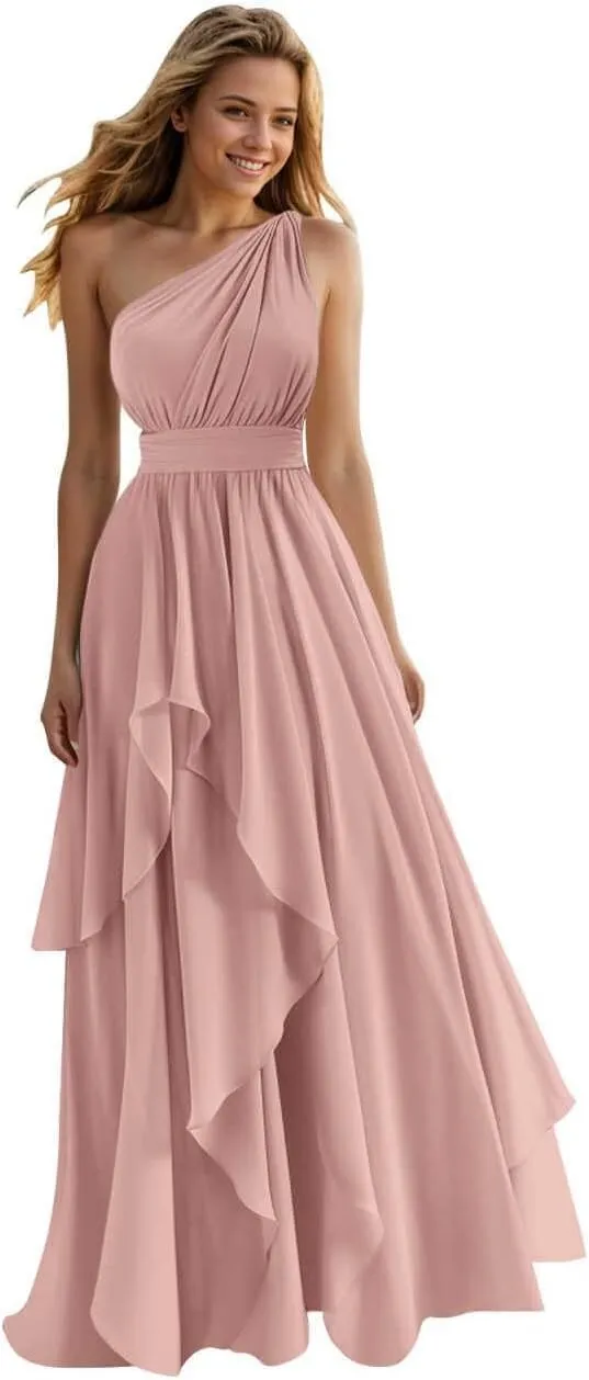 Ruffles Chiffon Bridesmaid Dresses for Women Elegant One Shoulder Wedding Guest Dress Evening Gown
