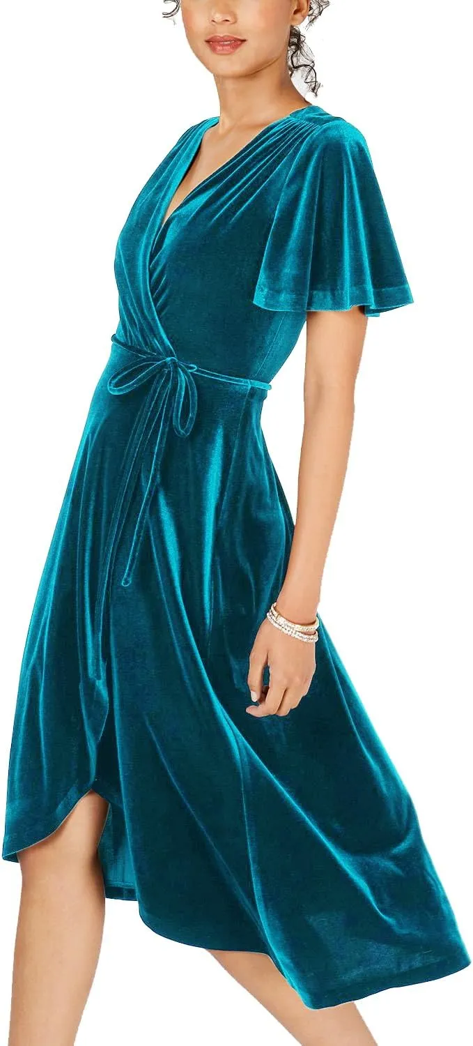 R.Vivimos Womens Velvet Pleated Wrap Tie Waist Elegant Flowy Party Plus Size Midi Dresses