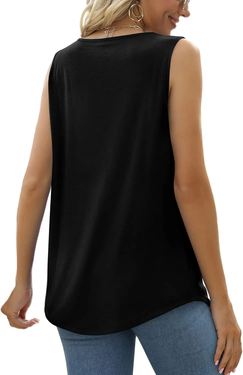 Saloogoe Summer Tank Tops for Women Loose Fit Pleated Tunics Scoop Neck Sleeveless Lace Tops Curved Hem Flowy