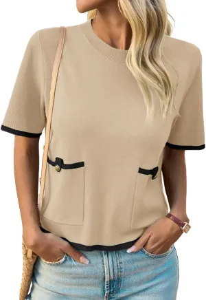 Saodimallsu Womens Short Sleeve Sweater Color Block Crew Neck Summer Crop Tops Loose Casual Knit Shirts with Pockets