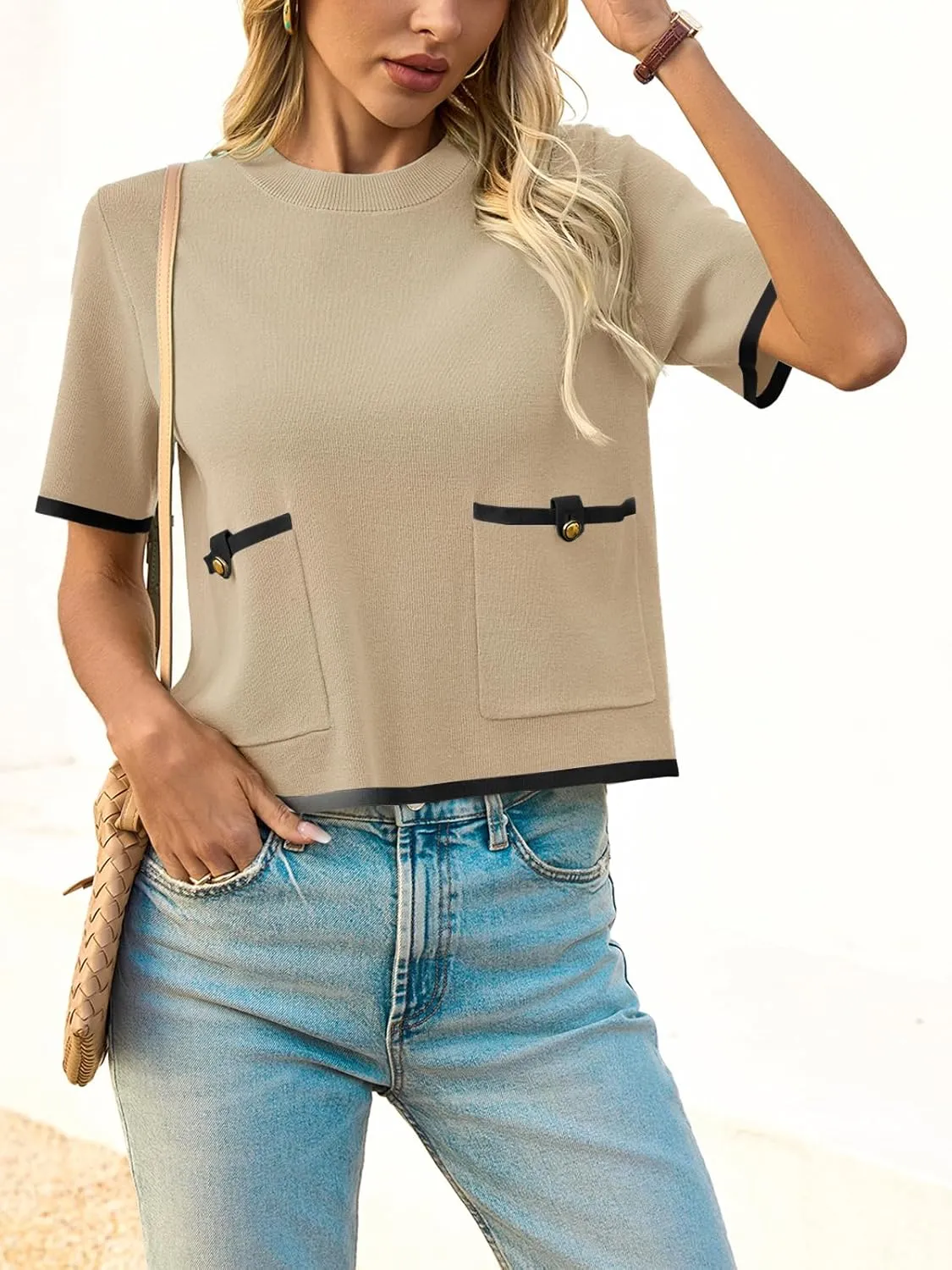 Saodimallsu Womens Short Sleeve Sweater Color Block Crew Neck Summer Crop Tops Loose Casual Knit Shirts with Pockets
