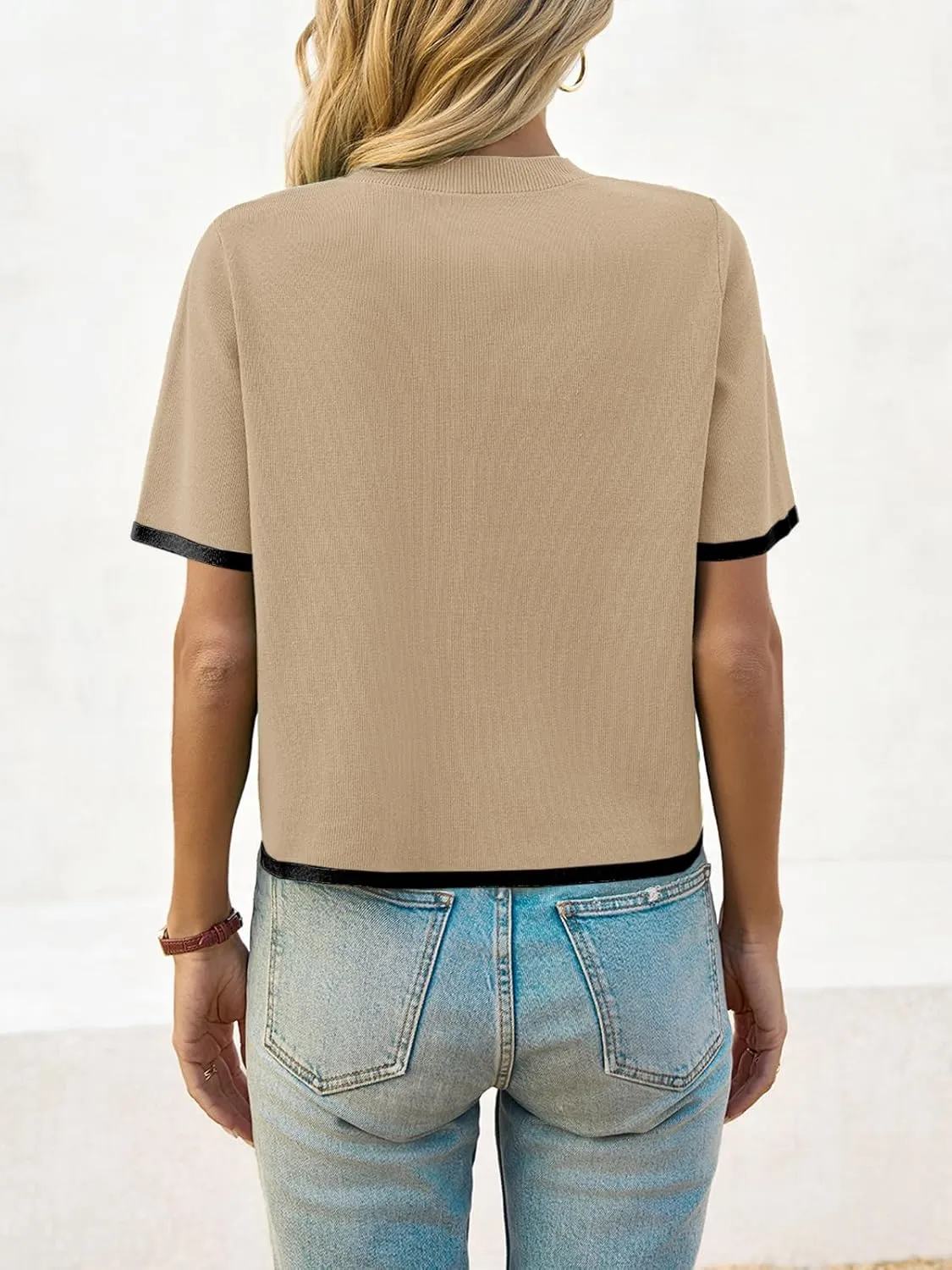 Saodimallsu Womens Short Sleeve Sweater Color Block Crew Neck Summer Crop Tops Loose Casual Knit Shirts with Pockets