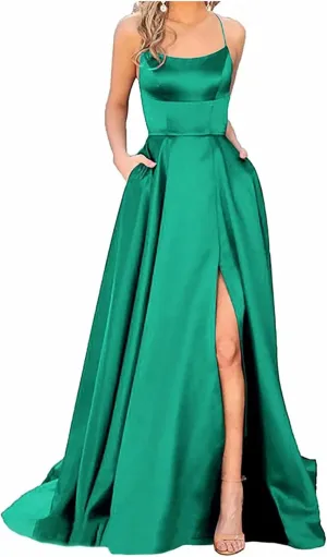 Satin Prom Dresses for Women 2025 Elegant Spaghetti Straps Formal Evening Dress Blackless Maxi Gown with Slit