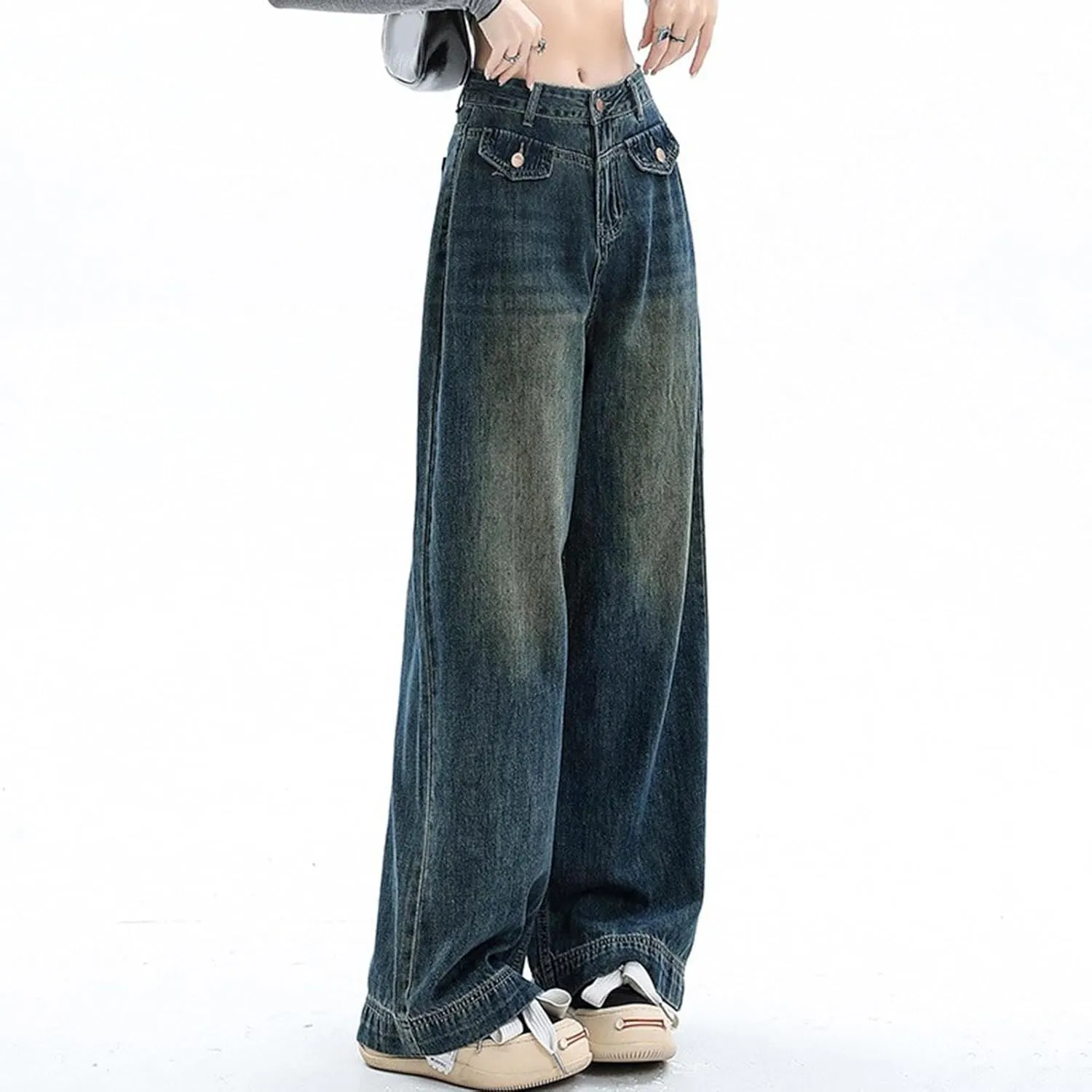 sdbrld Cargo Pants Women Adjustable Waist Multiple Pockets Relaxed Fit Straight Wide Leg Y2K Pants Trousers Y2K Fashion Jeans