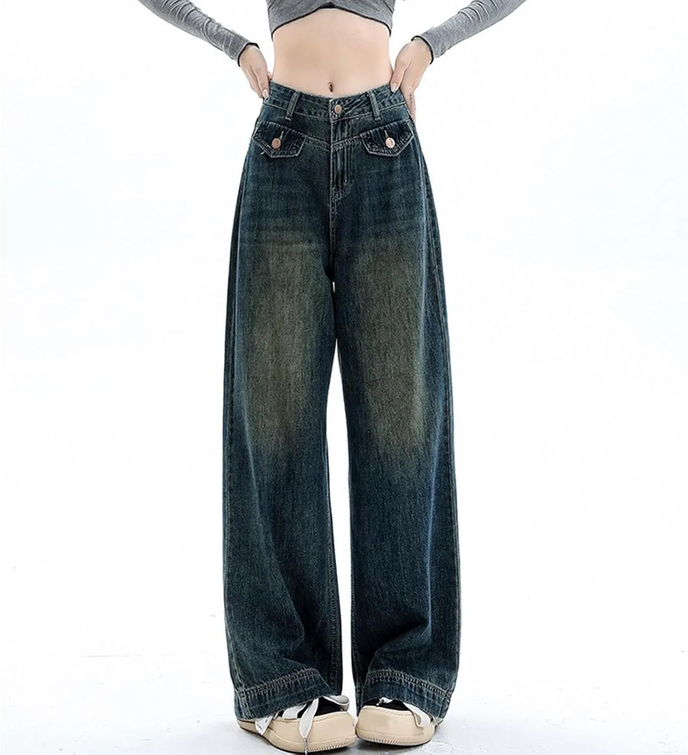 sdbrld Cargo Pants Women Adjustable Waist Multiple Pockets Relaxed Fit Straight Wide Leg Y2K Pants Trousers Y2K Fashion Jeans