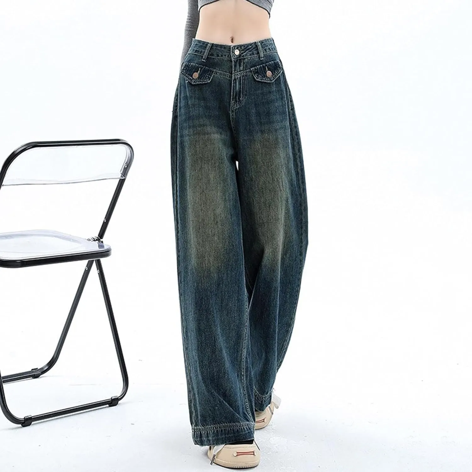 sdbrld Cargo Pants Women Adjustable Waist Multiple Pockets Relaxed Fit Straight Wide Leg Y2K Pants Trousers Y2K Fashion Jeans