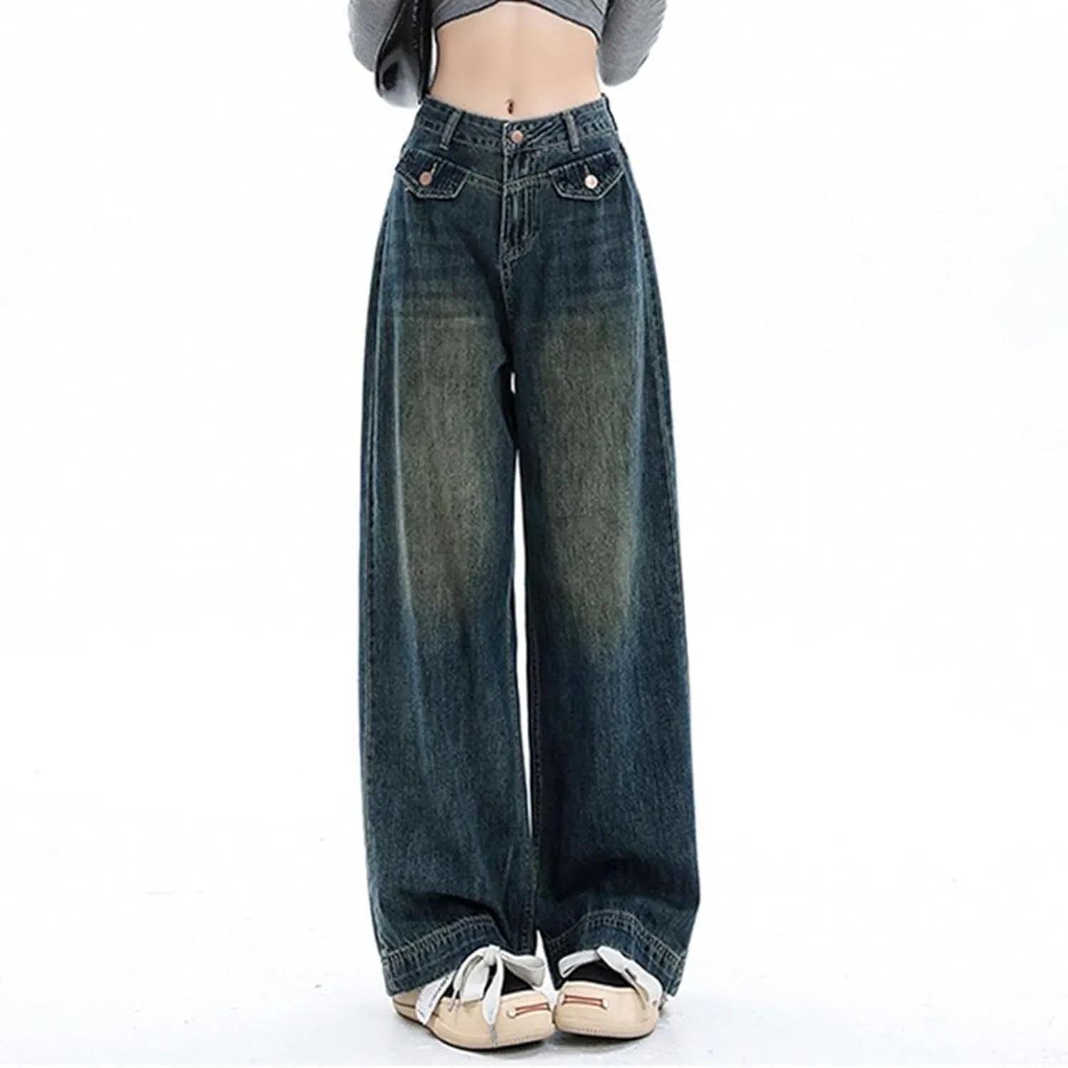 sdbrld Cargo Pants Women Adjustable Waist Multiple Pockets Relaxed Fit Straight Wide Leg Y2K Pants Trousers Y2K Fashion Jeans