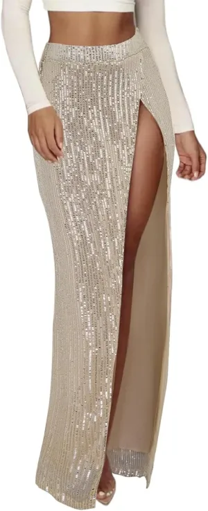 Sequin Midi Skirt for Women 2024 Elegant Sparkle Side Slit Pencil Skirts Cocktail Party Pencil High Waist Skirt