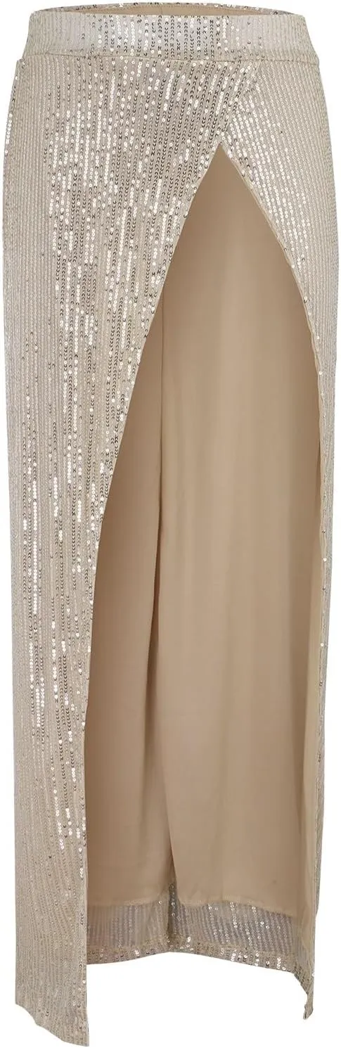 Sequin Midi Skirt for Women 2024 Elegant Sparkle Side Slit Pencil Skirts Cocktail Party Pencil High Waist Skirt
