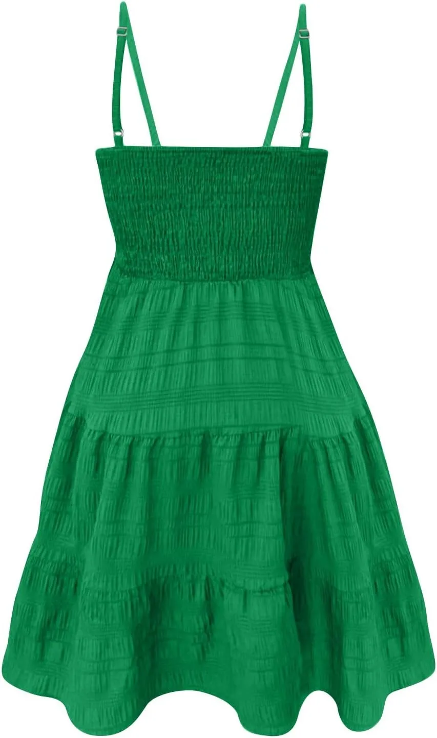 Short Summer Dresses for Women Ruffle Hem Spaghetti Strap Sundresses Casual Blackless Smocked Tiered Beach Dresses