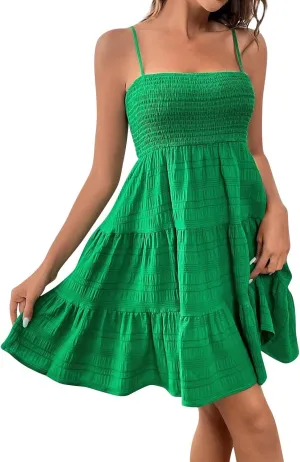 Short Summer Dresses for Women Ruffle Hem Spaghetti Strap Sundresses Casual Blackless Smocked Tiered Beach Dresses