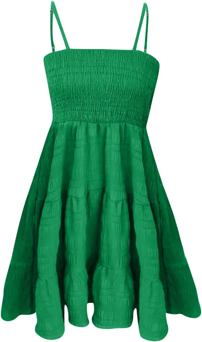 Short Summer Dresses for Women Ruffle Hem Spaghetti Strap Sundresses Casual Blackless Smocked Tiered Beach Dresses