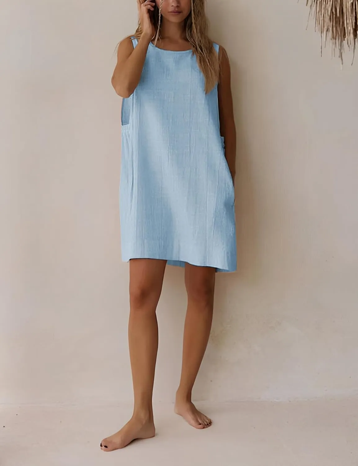 SKIKYAN Women Summer Tank Mini Dress Sleeveless Casual Beach Vacation Dress Loose Side Open Cotton Linen Short Sundress