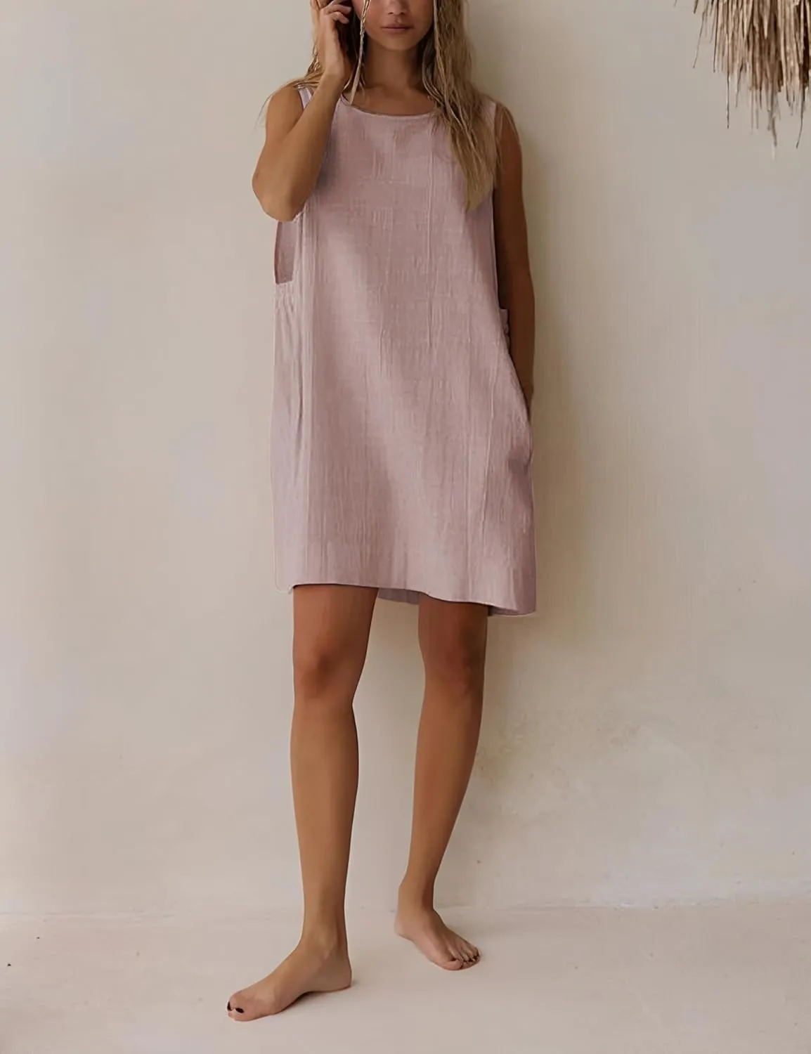 SKIKYAN Women Summer Tank Mini Dress Sleeveless Casual Beach Vacation Dress Loose Side Open Cotton Linen Short Sundress