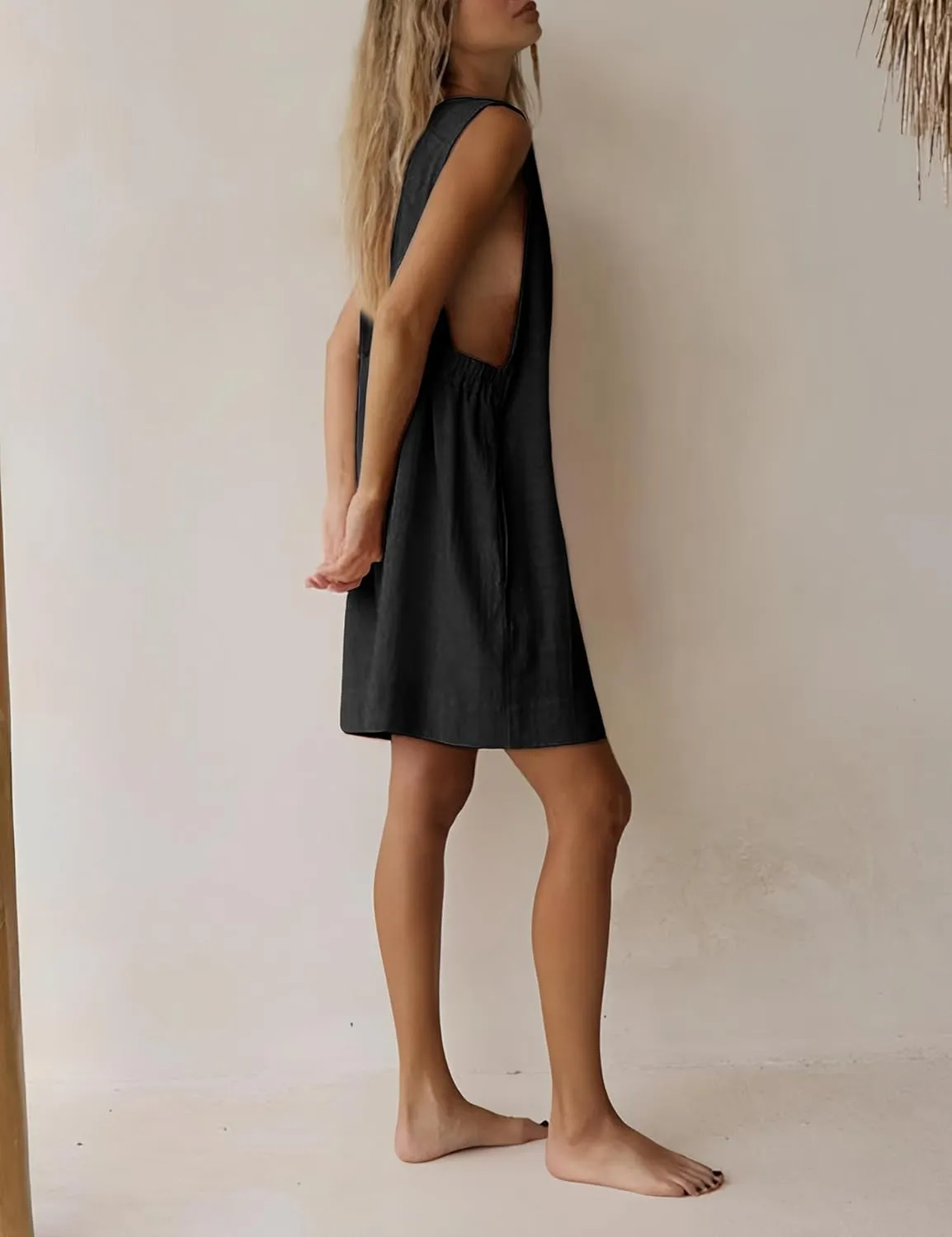 SKIKYAN Women Summer Tank Mini Dress Sleeveless Casual Beach Vacation Dress Loose Side Open Cotton Linen Short Sundress