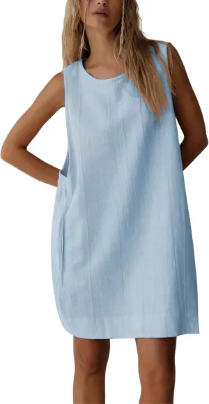 SKIKYAN Women Summer Tank Mini Dress Sleeveless Casual Beach Vacation Dress Loose Side Open Cotton Linen Short Sundress