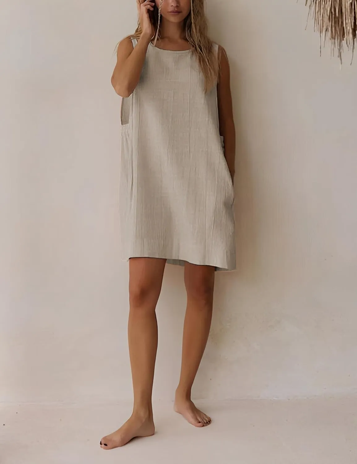 SKIKYAN Women Summer Tank Mini Dress Sleeveless Casual Beach Vacation Dress Loose Side Open Cotton Linen Short Sundress