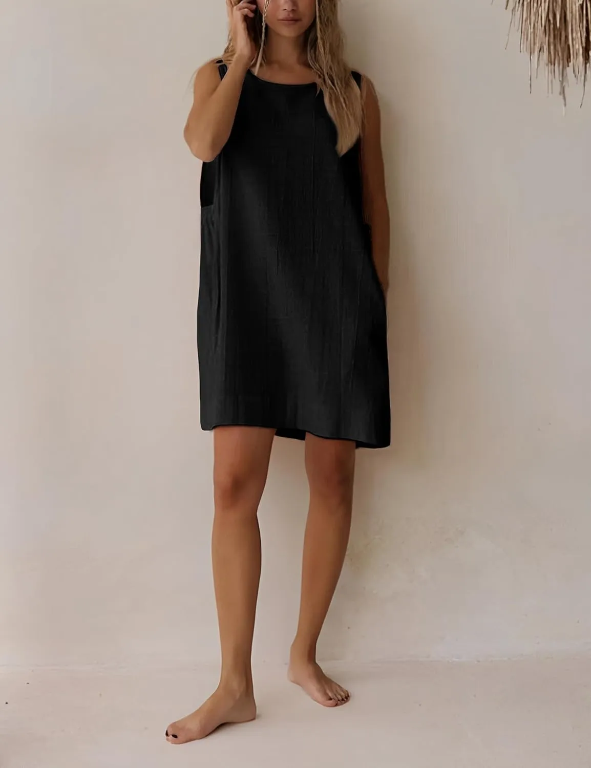 SKIKYAN Women Summer Tank Mini Dress Sleeveless Casual Beach Vacation Dress Loose Side Open Cotton Linen Short Sundress