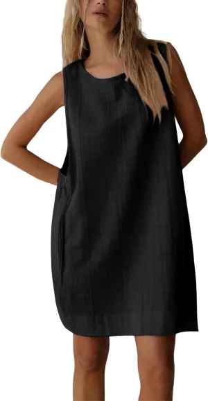 SKIKYAN Women Summer Tank Mini Dress Sleeveless Casual Beach Vacation Dress Loose Side Open Cotton Linen Short Sundress
