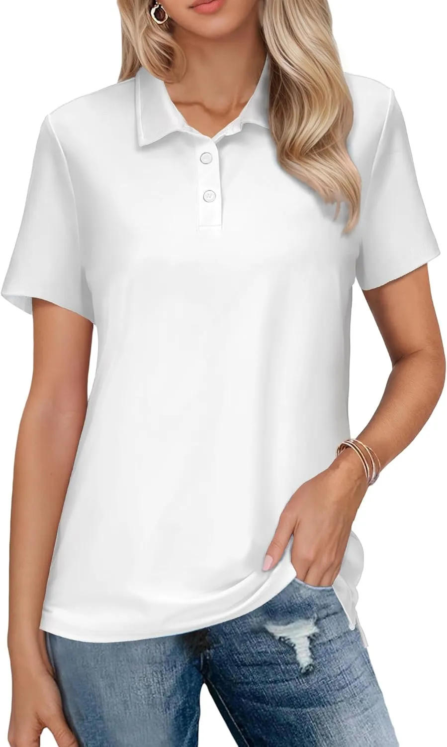 SMENG Women's Polo Shirts 3-Button Short Sleeve Shirt UPF 50  Classic Quick Dry Work Collared Golf Tennis Tops