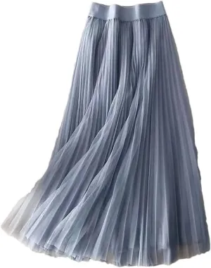 Solid Color Pleated Mesh Skirt Women Classic High Waisted Casual Lady Midi Skirt
