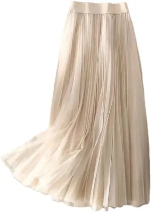 Solid Color Pleated Mesh Skirt Women Classic High Waisted Casual Lady Midi Skirt