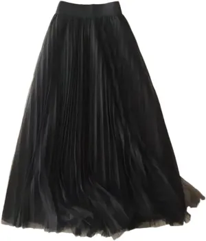 Solid Color Pleated Mesh Skirt Women Classic High Waisted Casual Lady Midi Skirt