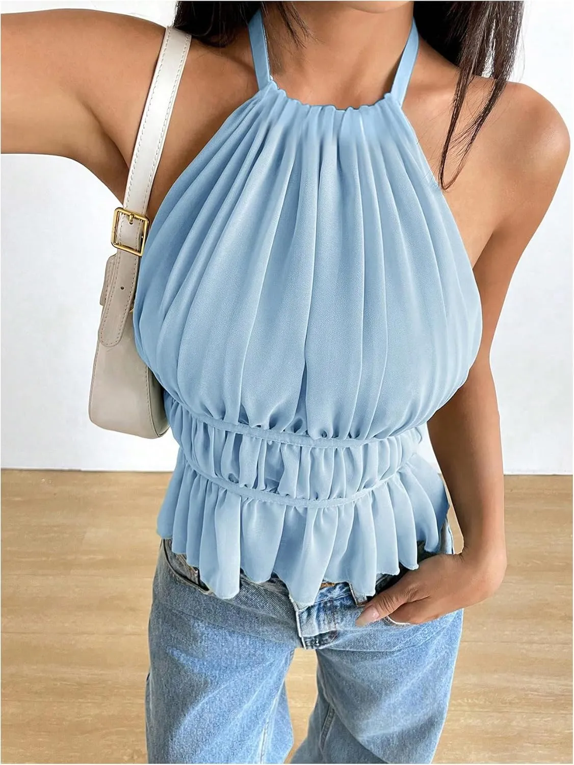 SOLY HUX Women's Ruffle Halter Neck Camisole Sleeveless Open Back Cute Party Going Out Tops