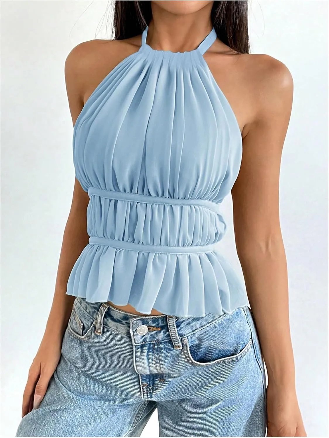 SOLY HUX Women's Ruffle Halter Neck Camisole Sleeveless Open Back Cute Party Going Out Tops