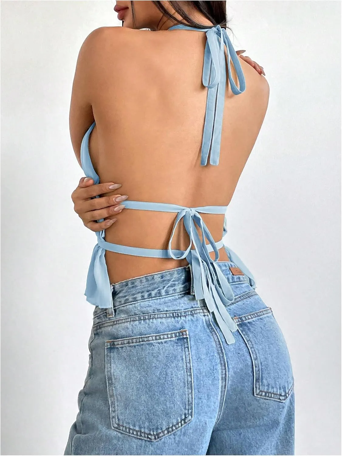 SOLY HUX Women's Ruffle Halter Neck Camisole Sleeveless Open Back Cute Party Going Out Tops
