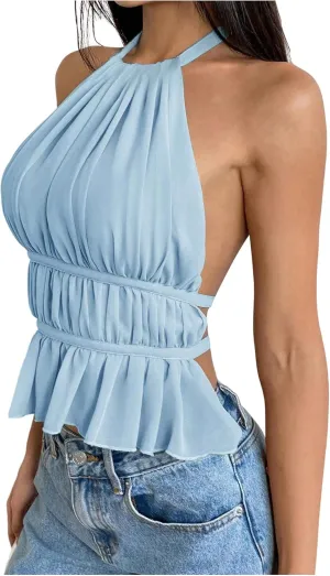 SOLY HUX Women's Ruffle Halter Neck Camisole Sleeveless Open Back Cute Party Going Out Tops