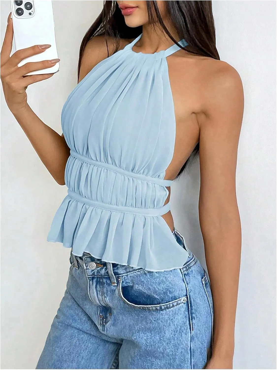 SOLY HUX Women's Ruffle Halter Neck Camisole Sleeveless Open Back Cute Party Going Out Tops