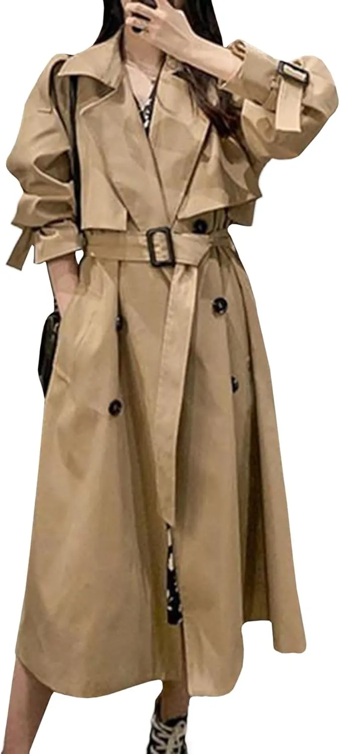 SOMTHRON Women's Double Breasted Long Trench Coat Belted Notch Lapel Overcoat Windproof Classic Outerwear