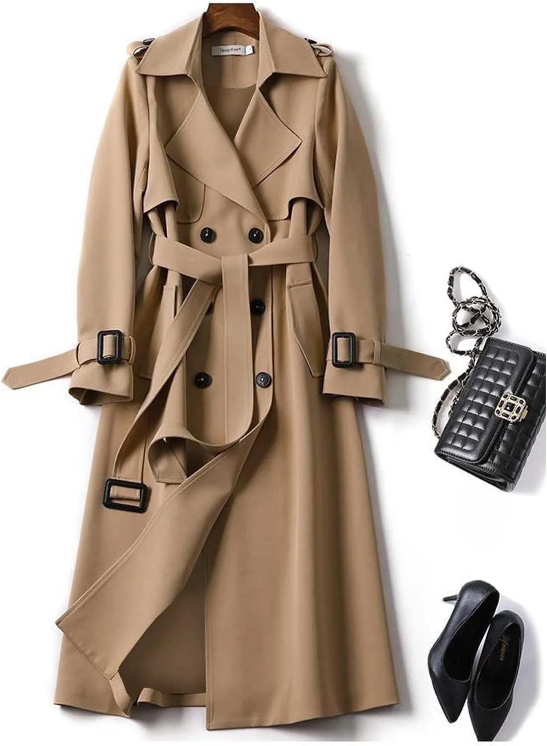 SOMTHRON Women's Double Breasted Long Trench Coat Belted Notch Lapel Overcoat Windproof Classic Outerwear