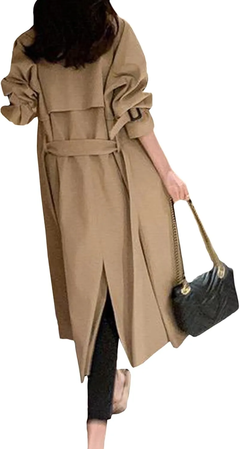 SOMTHRON Women's Double Breasted Long Trench Coat Belted Notch Lapel Overcoat Windproof Classic Outerwear