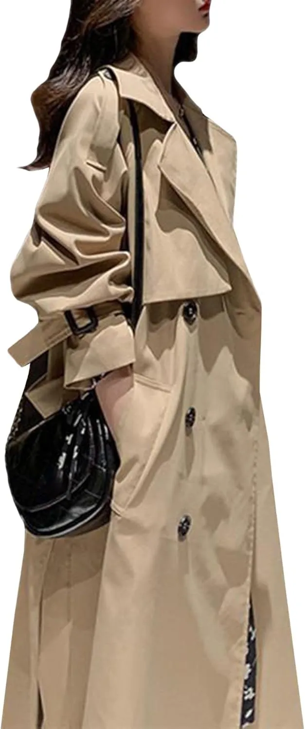 SOMTHRON Women's Double Breasted Long Trench Coat Belted Notch Lapel Overcoat Windproof Classic Outerwear