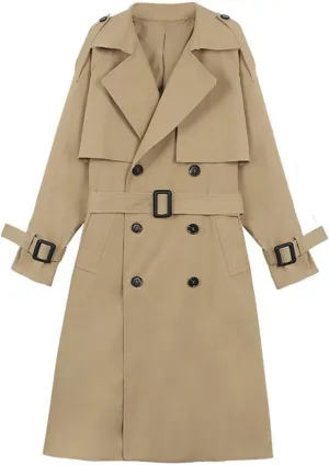 SOMTHRON Women's Double Breasted Long Trench Coat Belted Notch Lapel Overcoat Windproof Classic Outerwear