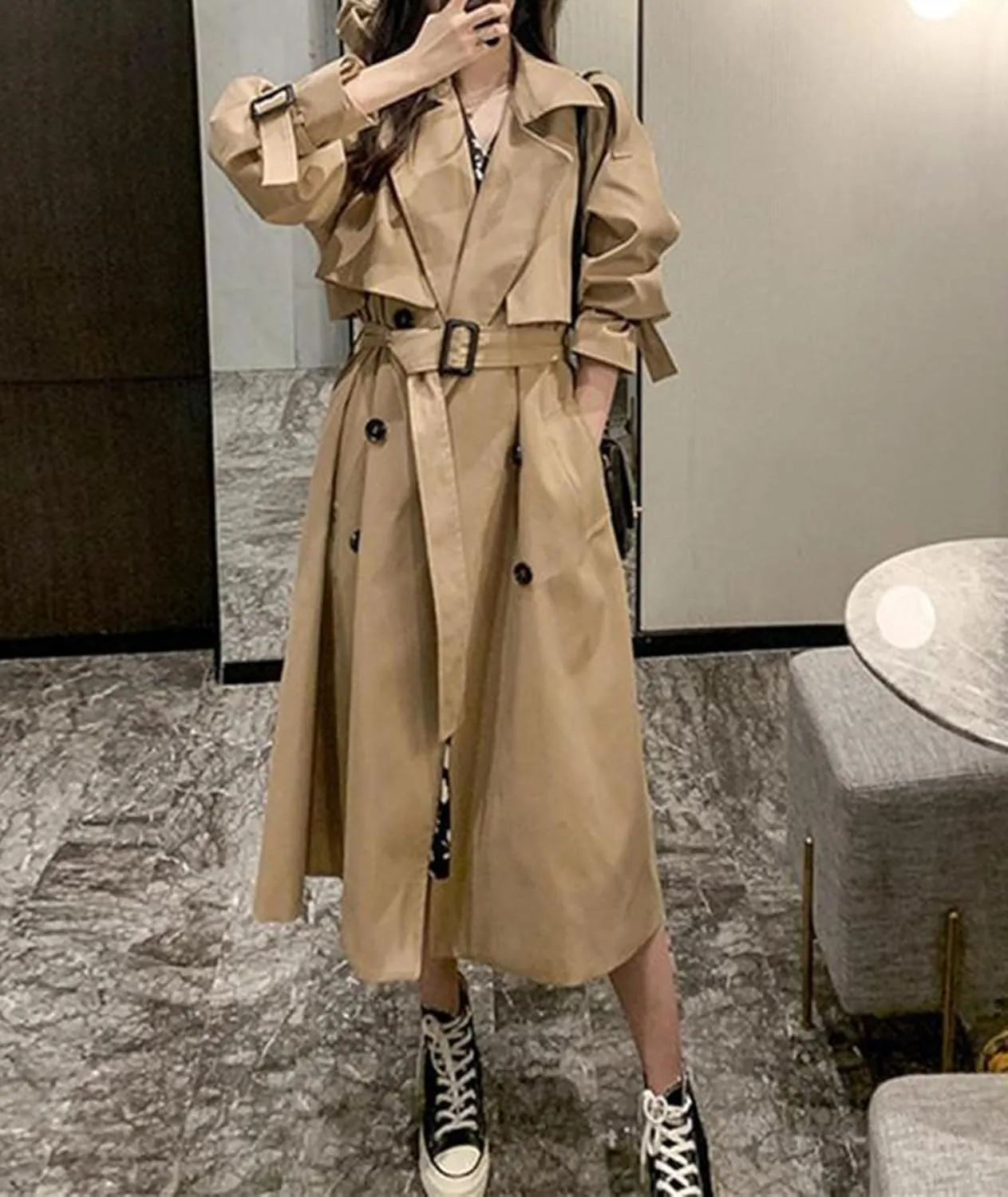 SOMTHRON Women's Double Breasted Long Trench Coat Belted Notch Lapel Overcoat Windproof Classic Outerwear