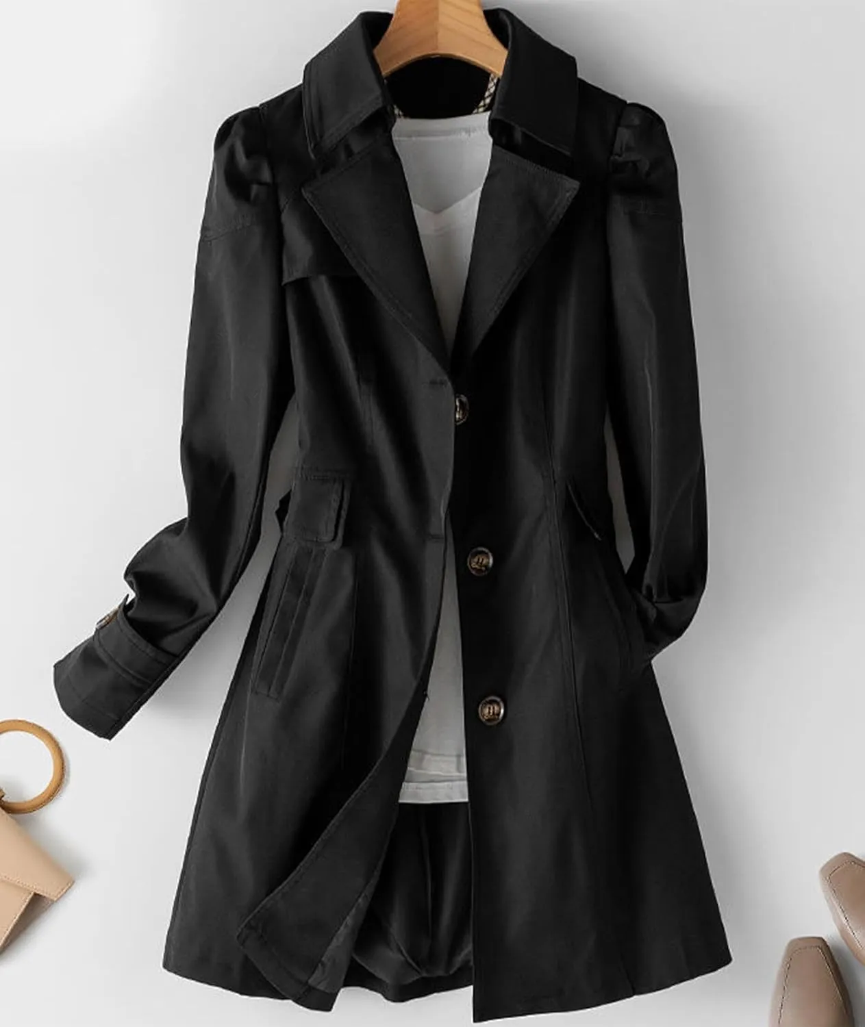 SOMTHRON Women's Single Breasted Mid-Length Trench Coat Puff Sleeve Lapel Overcoat Windproof Classic Outerwear