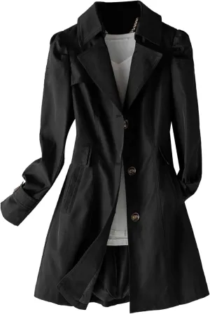 SOMTHRON Women's Single Breasted Mid-Length Trench Coat Puff Sleeve Lapel Overcoat Windproof Classic Outerwear