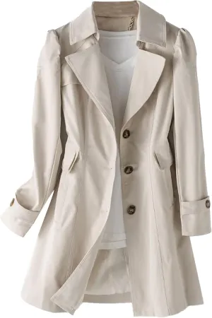 SOMTHRON Women's Single Breasted Mid-Length Trench Coat Puff Sleeve Lapel Overcoat Windproof Classic Outerwear