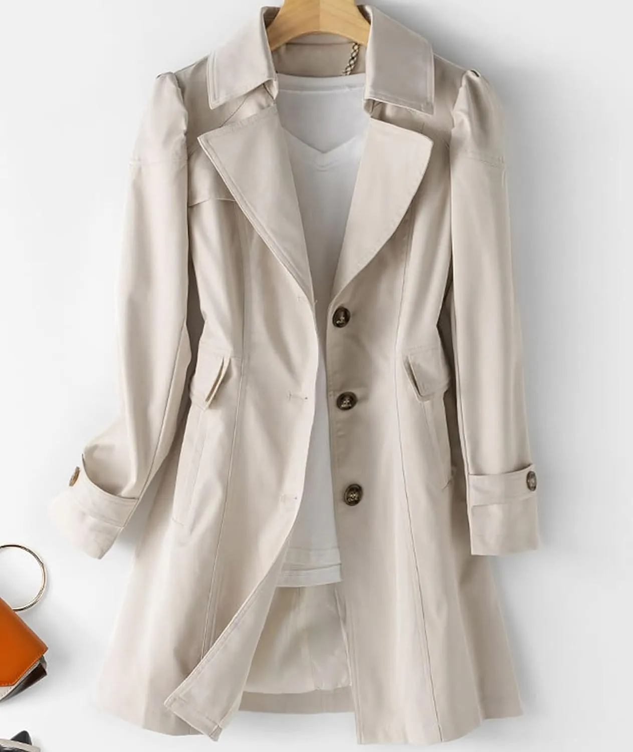 SOMTHRON Women's Single Breasted Mid-Length Trench Coat Puff Sleeve Lapel Overcoat Windproof Classic Outerwear