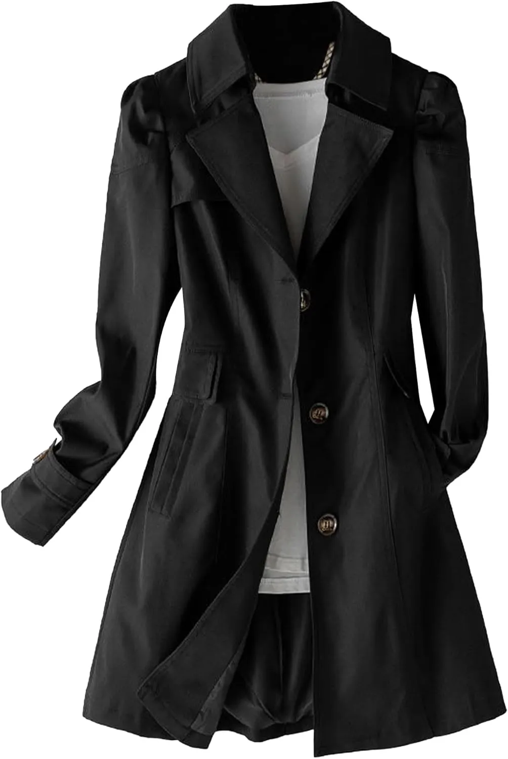 SOMTHRON Women's Single Breasted Mid-Length Trench Coat Puff Sleeve Lapel Overcoat Windproof Classic Outerwear