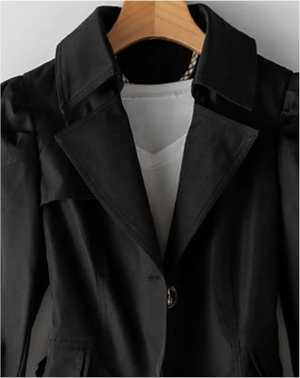 SOMTHRON Women's Single Breasted Mid-Length Trench Coat Puff Sleeve Lapel Overcoat Windproof Classic Outerwear