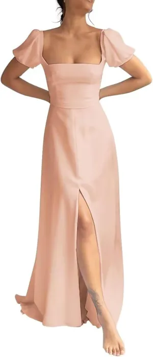 Square Neck Long Wedding Dress for Bride Chiffon A-line Prom Dresses with Slit Puffy Short Sleeves Evening Gowns