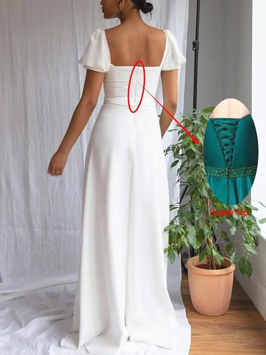 Square Neck Long Wedding Dress for Bride Chiffon A-line Prom Dresses with Slit Puffy Short Sleeves Evening Gowns