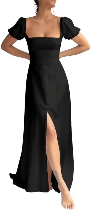 Square Neck Long Wedding Dress for Bride Chiffon A-line Prom Dresses with Slit Puffy Short Sleeves Evening Gowns