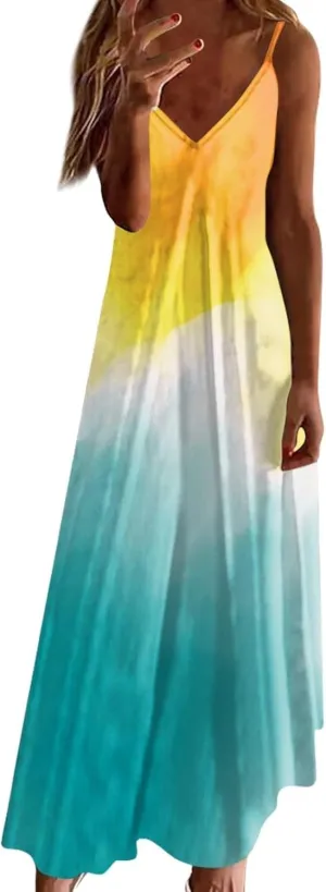 Summer Dresses for Women 2024 Casual V-Neck Long Dress Elegant A Line Sleeveless Printed Beach Sundress